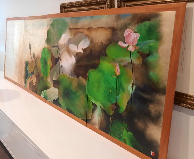 Painting by Phil Smith, Creative Art showing beautiful green and white flowers with distinctive pink flowers.