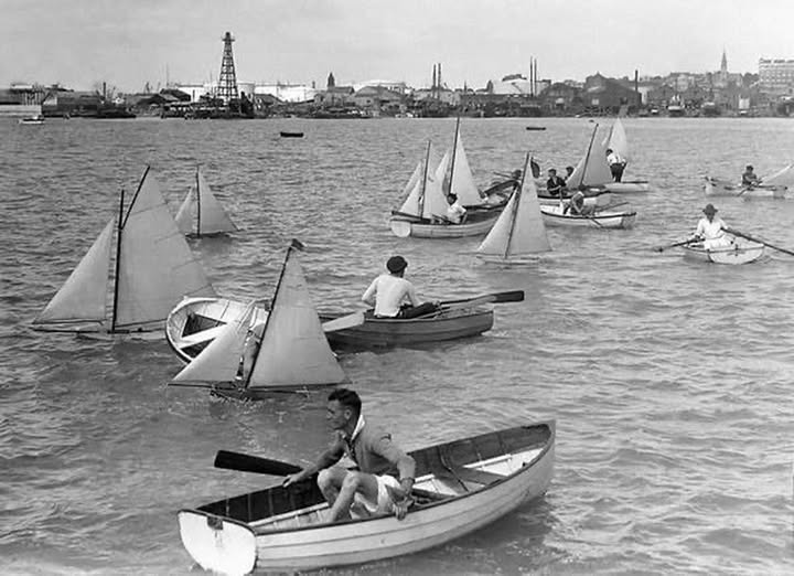 Historic photo of Balmain Bug model yachts racing, followed by owners in rowing boats
